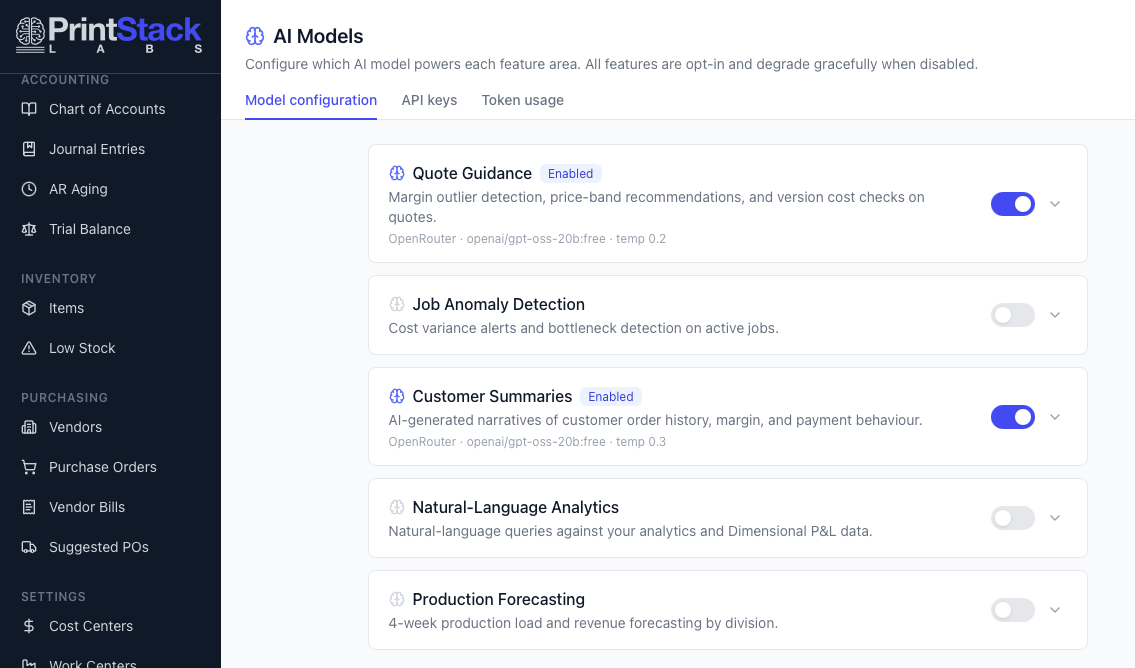 PrintStack Labs AI Operating System dashboard interface